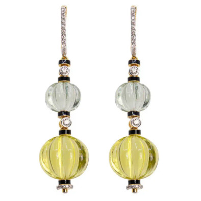 Cercei Aur Galben 14k,  Lemon Cuart 29 ct, Ametist Verde 11 ct, Diamante Naturale 0.42 ct