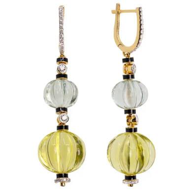 Cercei Aur Galben 14k,  Lemon Cuart 29 ct, Ametist Verde 11 ct, Diamante Naturale 0.42 ct