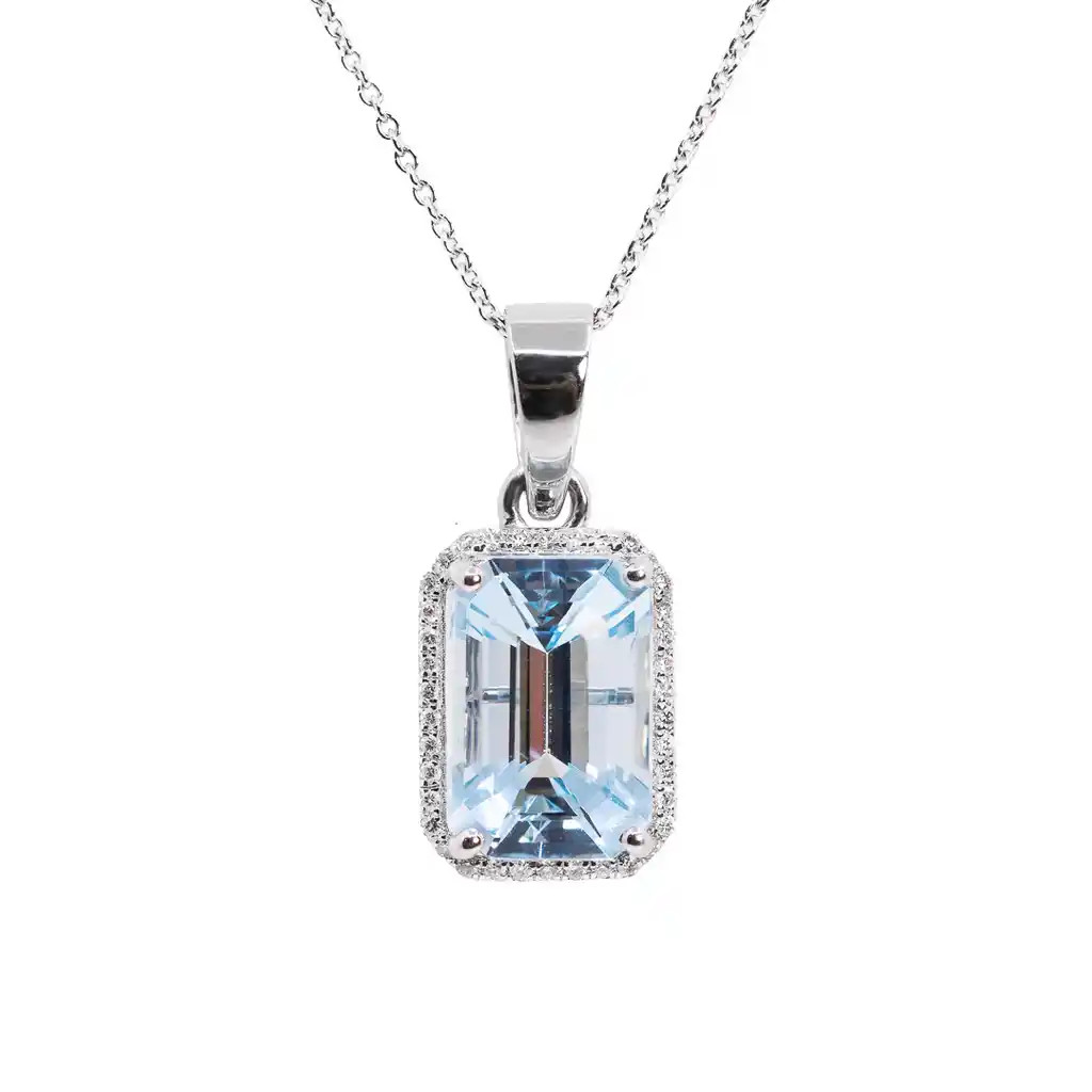 Colier Aur Alb 18k, Aquamarin 2.95 ct, Diamante Naturale 0.10 ct