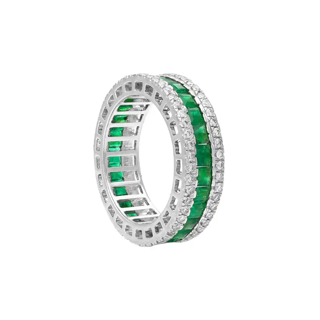 Inel Eternity Aur Alb 18k, Smaralde 2.50 ct, Diamante Naturale 0.65 ct