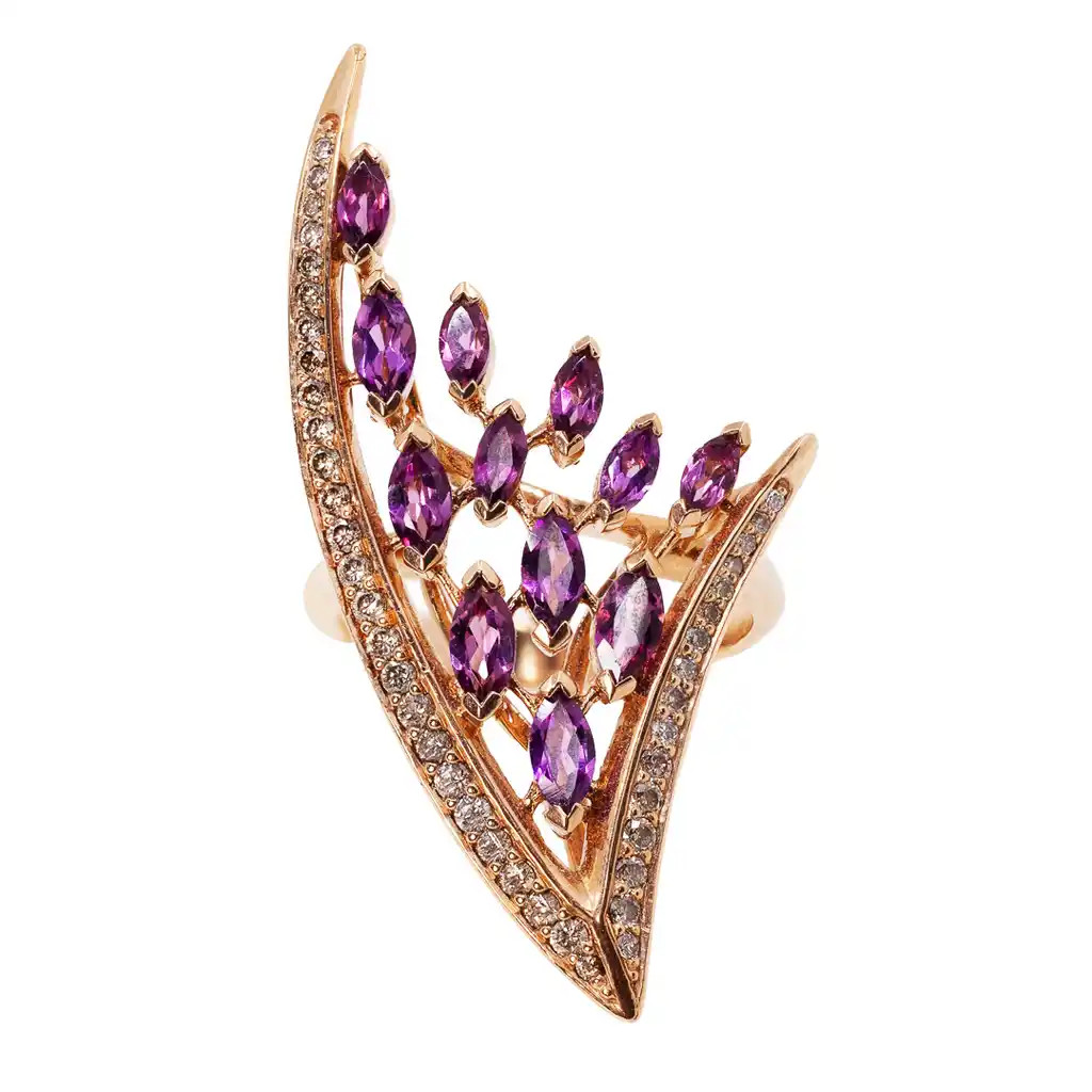 Inel Aur Roz 18k, Safire 1.70 ct, Diamante Champagne 0.62 ct