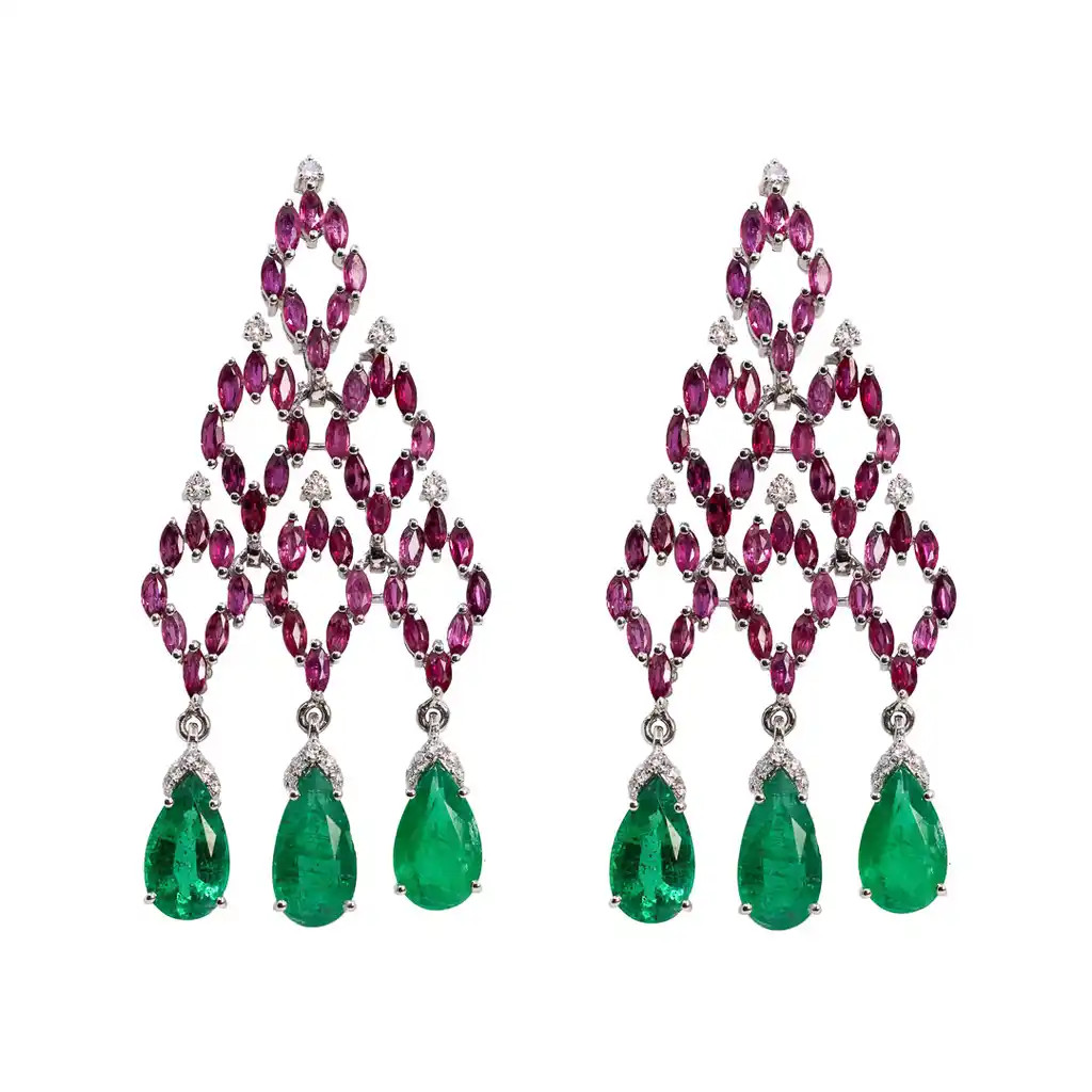  Cercei Aur Alb 18k,  Smarald 6.50 ct, Turmalina Roz 4.91 ct, Diamante 0.36 ct 1