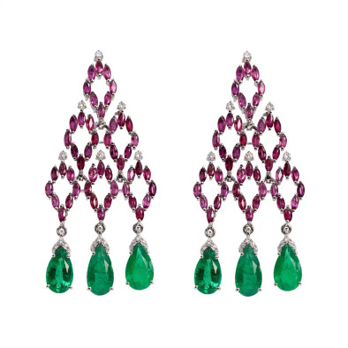  Cercei Aur Alb 18k,  Smarald 6.50 ct, Turmalina Roz 4.91 ct, Diamante 0.36 ct 1