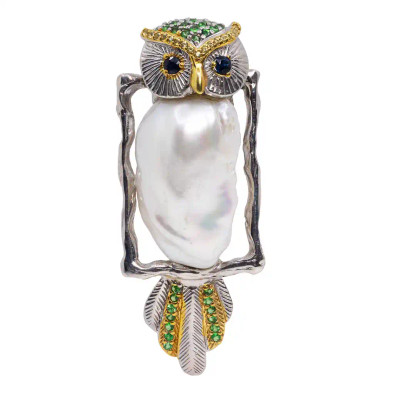 Brosa-Pandantiv Argint 925, Perla Baroque, Safire, Tsavorite