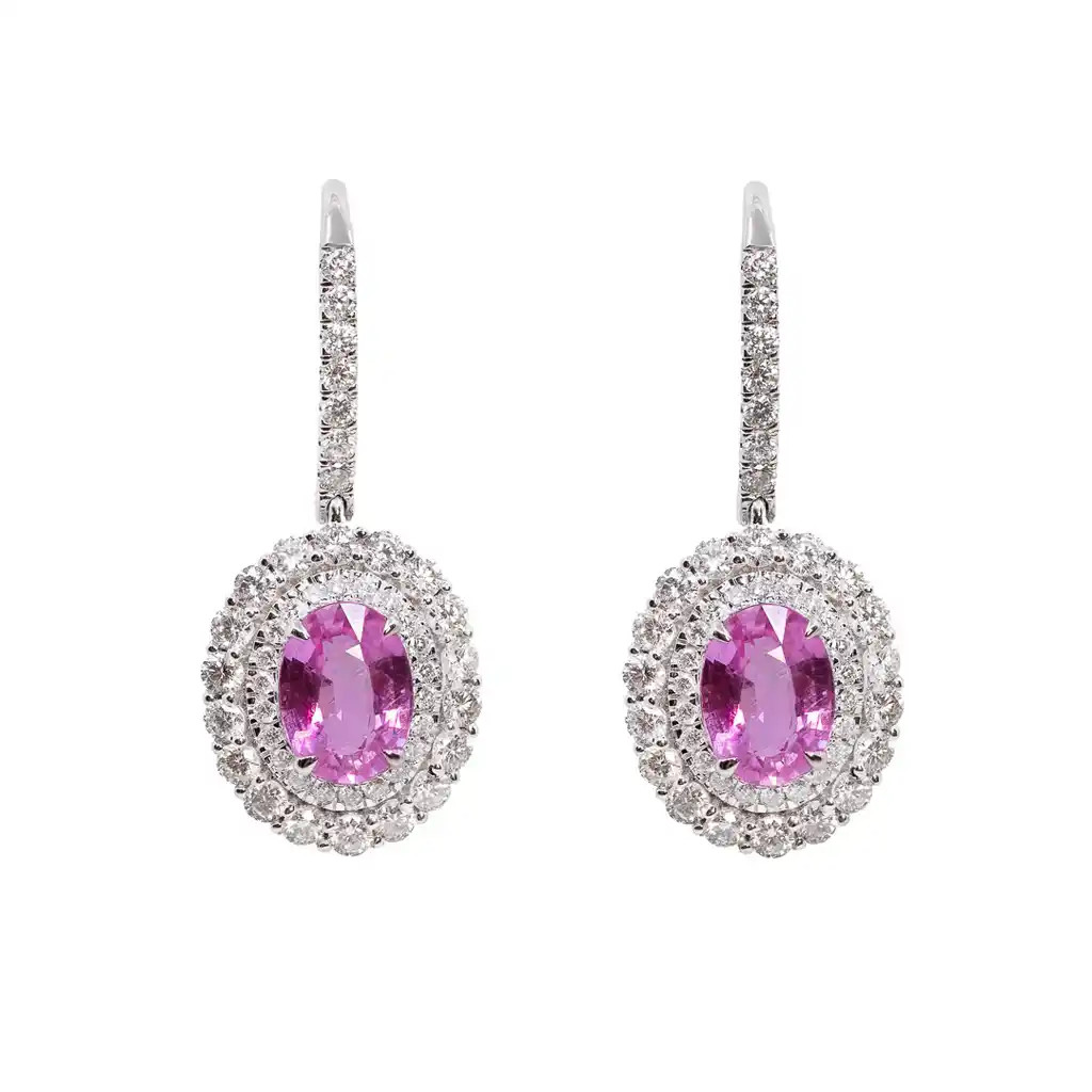 Cercei Aur Alb 18k, Safire Roz 2.30 ct, Diamante 1.58 ct