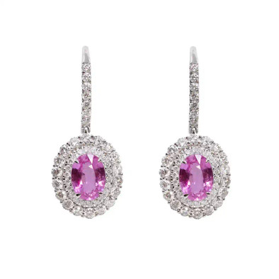 Cercei Aur Alb 18k, Safire Roz 2.30 ct, Diamante 1.58 ct