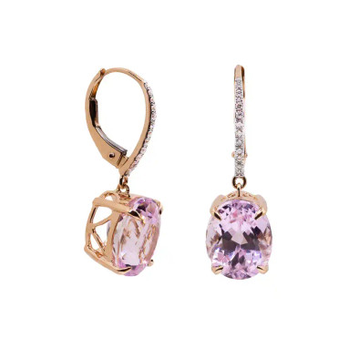 Cercei Aur Roz 18k, Kunzit 7 ct, Diamante 0.10 ct