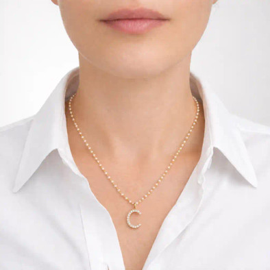 Colier Aur Galben 14K, Perle 11.20 Ct, Safire Albe 0.50 Ct, litera C