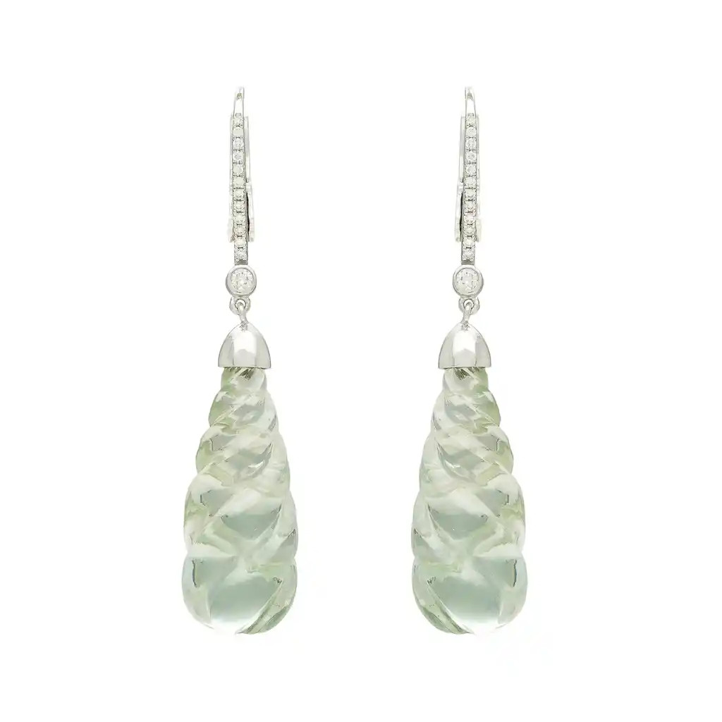 Cercei Aur Alb 14k, Ametist Verde 45 ct, Diamante Naturale 0.25 ct