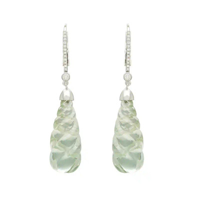 Cercei Aur Alb 14k, Ametist Verde 45 ct, Diamante Naturale 0.25 ct