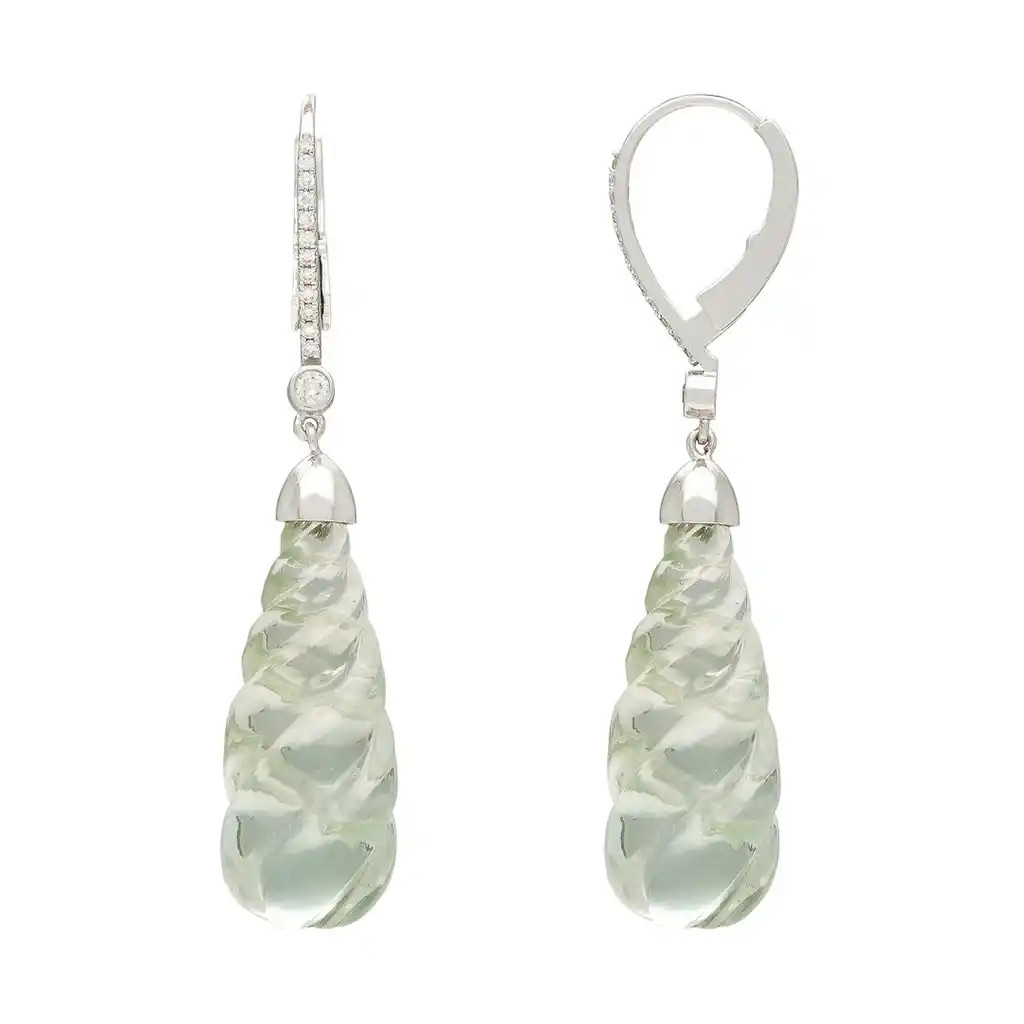 Cercei Aur Alb 14k, Ametist Verde 45 ct, Diamante Naturale 0.25 ct