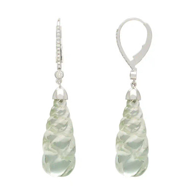 Cercei Aur Alb 14k, Ametist Verde 45 ct, Diamante Naturale 0.25 ct