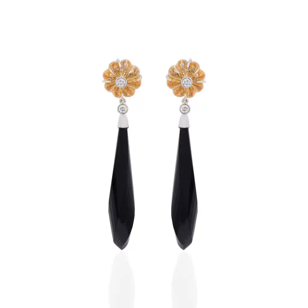 Cercei Aur Alb 18K, Onix 28 Ct, Citrin 19.40 Ct, Diamante Naturale 0.26 Ct