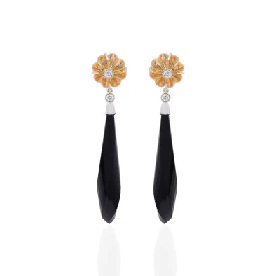 Cercei Aur Alb 18K, Onix 28 Ct, Citrin 19.40 Ct, Diamante Naturale 0.26 Ct