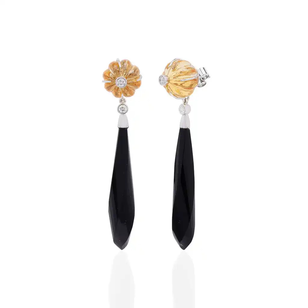 Cercei Aur Alb 18K, Onix 28 Ct, Citrin 19.40 Ct, Diamante Naturale 0.26 Ct