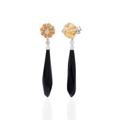 Cercei Aur Alb 18K, Onix 28 Ct, Citrin 19.40 Ct, Diamante Naturale 0.26 Ct