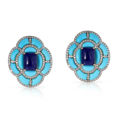 Cercei Aur Galben 14K, Turquoise 8.00 ct, Lapis Lazuli 7.00 ct, Diamante Naturale 1.35 ct