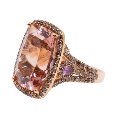 Inel Aur Roz 18k, Morganit 24.10 ct, Safire Roz 0.42 ct, Diamante Champagne 2.65 ct
