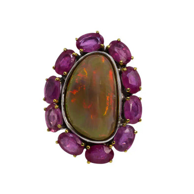 Inel Argint 925, Opal 10 ct, Rubin 5 ct