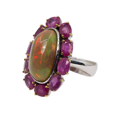 Inel Argint 925, Opal 10 ct, Rubin 5 ct