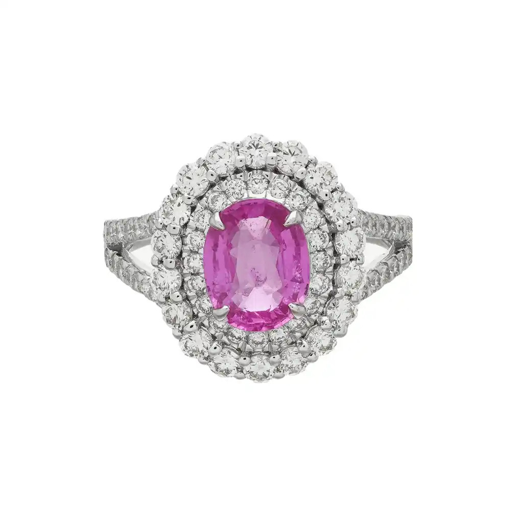  Inel Aur Alb 18k, Safir Roz 1.90 ct, Diamante 1.08 ct 1