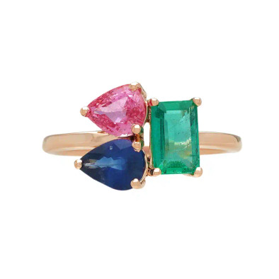 Inel Aur Roz 14k, Safir Roz 0.80 ct, Safir Albastru 0.66 ct,   Smarald 0.66 ct,