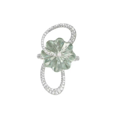 Inel Aur Alb 14k, Ametist Verde 16.10 ct, Diamante 1.18 ct
