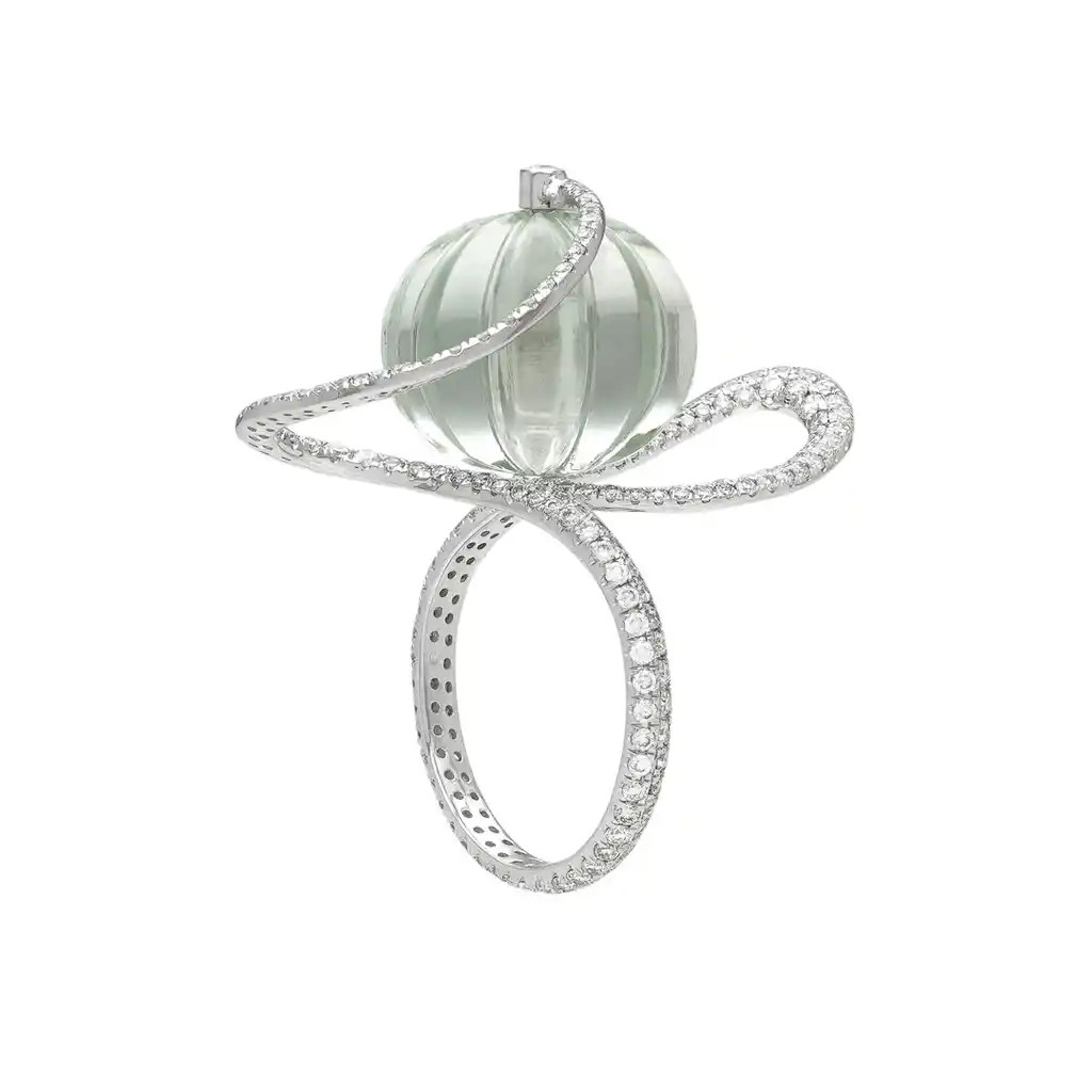 Inel Aur Alb 14k, Ametist Verde 16.10 ct, Diamante 1.18 ct