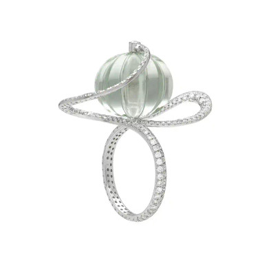 Inel Aur Alb 14k, Ametist Verde 16.10 ct, Diamante 1.18 ct