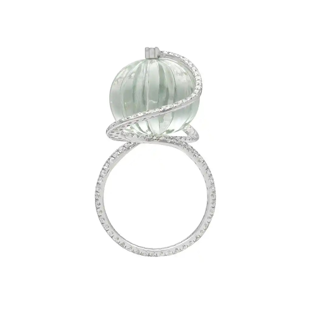 Inel Aur Alb 14k, Ametist Verde 16.10 ct, Diamante 1.18 ct
