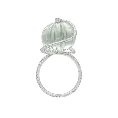 Inel Aur Alb 14k, Ametist Verde 16.10 ct, Diamante 1.18 ct