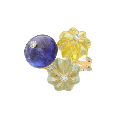  Inel Aur Galben 18K, Tanzanit 13.10 ct, Ametist Verde 9.30 ct, Lemon Cuart 9.50 ct, Diamante 0.25 ct 1