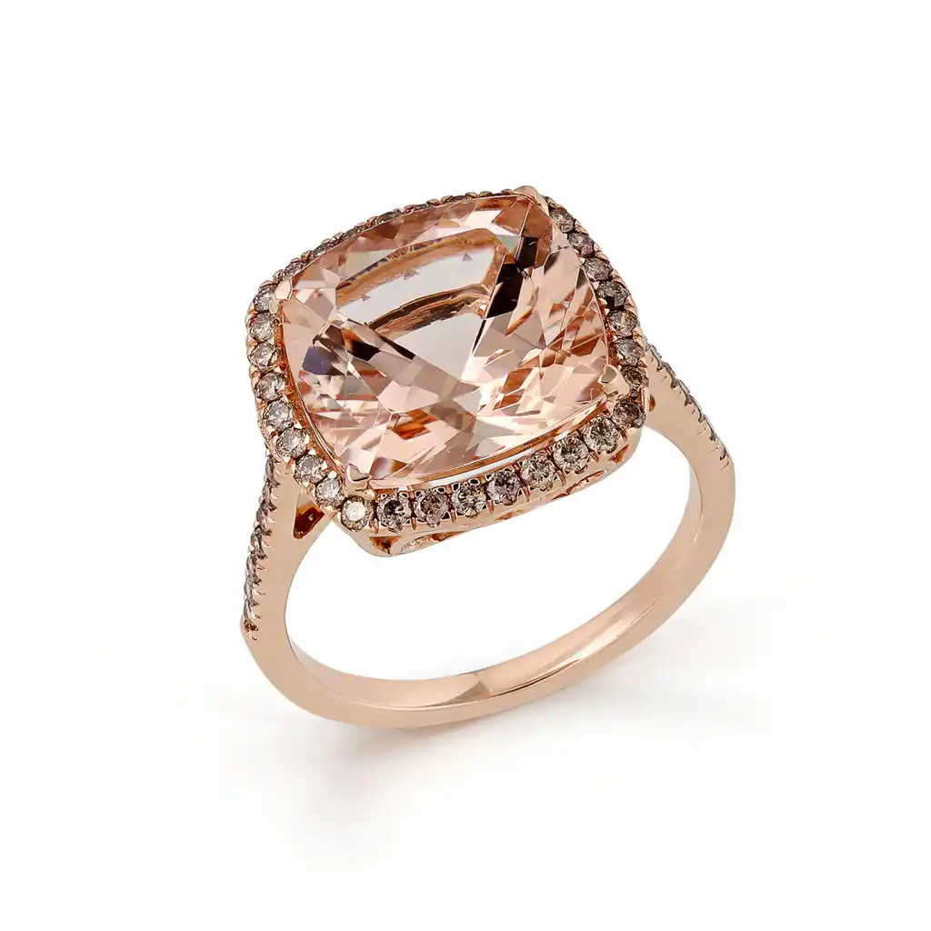 Inel Aur Roz 18k, Morganit 5.00 Ct, Diamante Champagne 0.42 Ct
