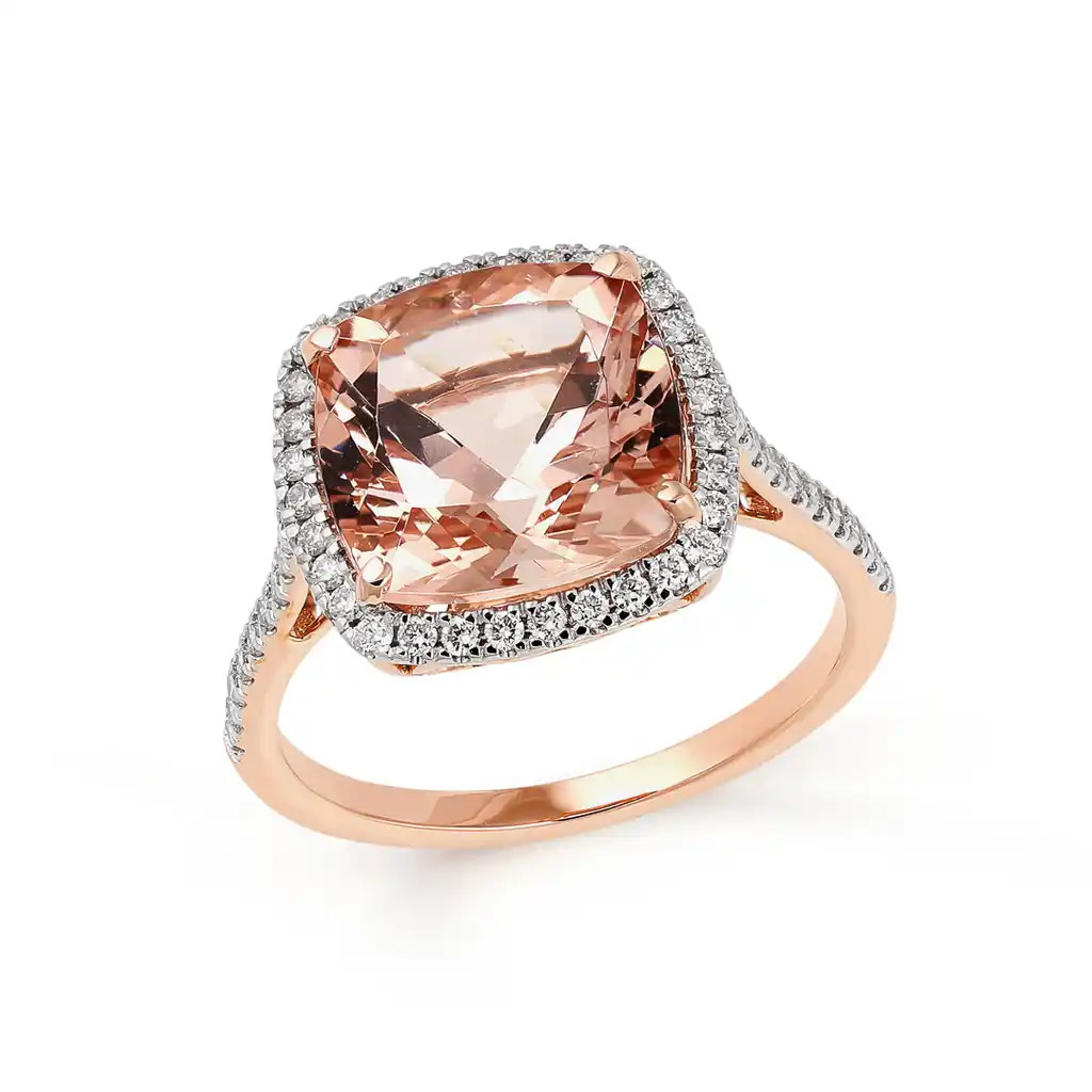 Inel Aur Roz 18k, Morganit 5.00 ct, Diamante Naturale  0.42 ct