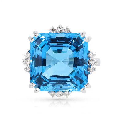 Inel Aur Alb 14K, Swiss Topaz 20.28 Ct, Diamante 0. 30 Ct