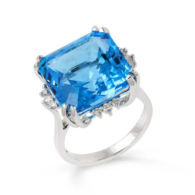 Inel Aur Alb 14K, Swiss Topaz 20.28 Ct, Diamante 0. 30 Ct