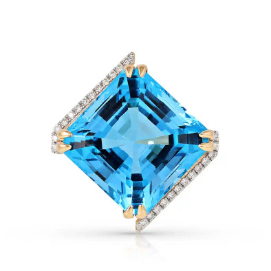 Inel Aur Roz 14K, Swiss Topaz 21.46 Ct, Diamante Naturale 0. 20 Ct