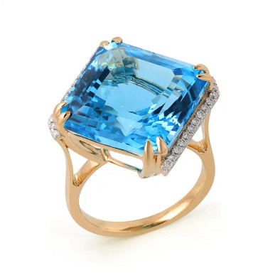 Inel Aur Roz 14K, Swiss Topaz 21.46 Ct, Diamante Naturale 0. 20 Ct