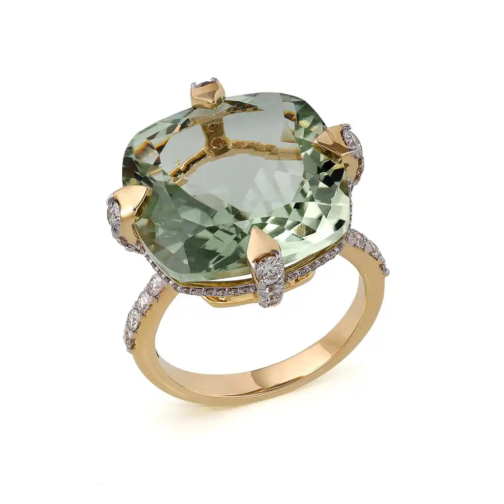 Inel Aur Galben 14K, Ametist Verde 16.15 ct, Diamante 0.75 ct
