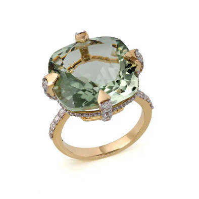 Inel Aur Galben 14K, Ametist Verde 16.15 ct, Diamante 0.75 ct