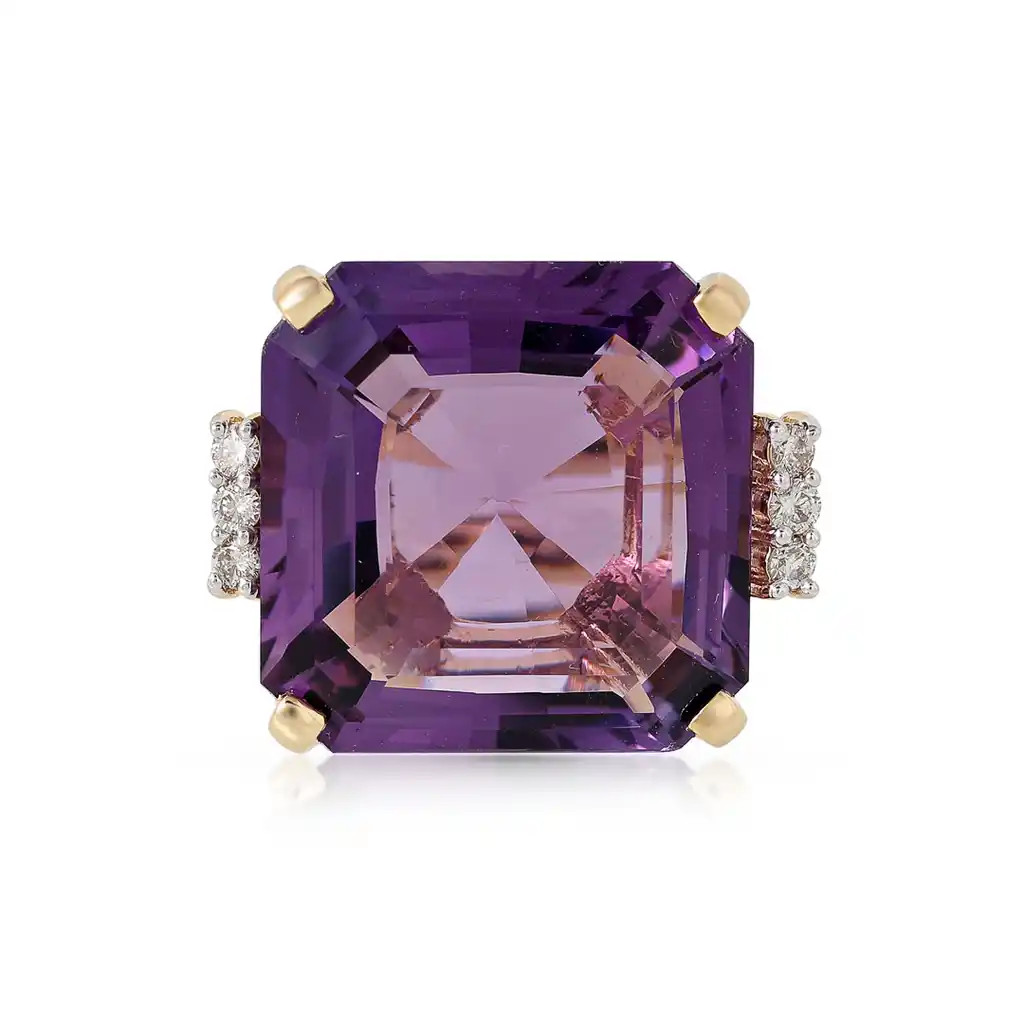 Inel Aur Galben 14K, Ametist  19.50 Ct, Diamante Naturale 0. 20 Ct