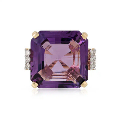 Inel Aur Galben 14K, Ametist  19.50 Ct, Diamante Naturale 0. 20 Ct