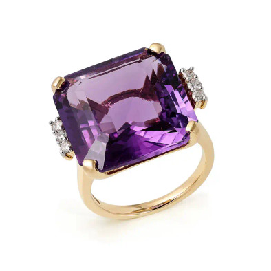 Inel Aur Galben 14K, Ametist  19.50 Ct, Diamante Naturale 0. 20 Ct