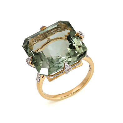Inel Aur Galben 14K, Ametist Verde 16.00 ct, Diamante 0.75 ct