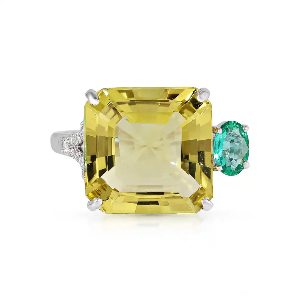 Inel Aur Alb 14K, Lemon Cuart 10.00 Ct, Smarald 0.32 Ct,  Diamante Naturale 0.15 Ct