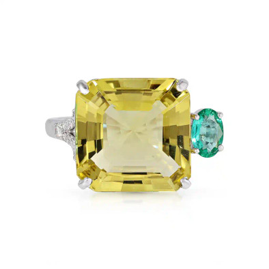 Inel Aur Alb 14K, Lemon Cuart 10.00 Ct, Smarald 0.32 Ct,  Diamante Naturale 0.15 Ct