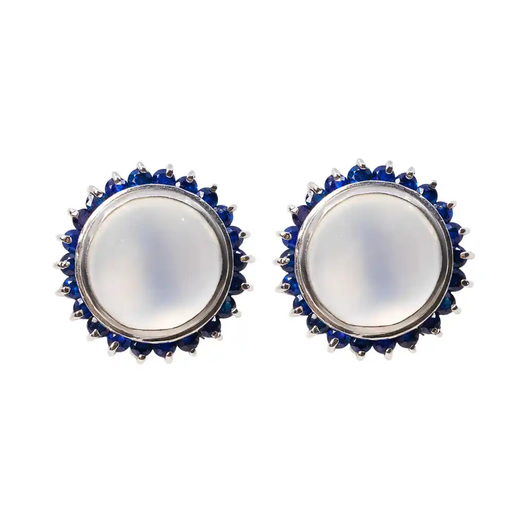 Cercei Aur Alb 18k, Piatra Lunii 13 ct, Safire Albastre 2.21 ct