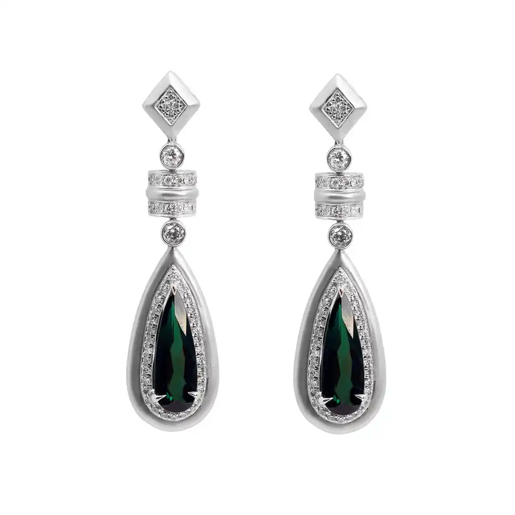 Cercei Aur Alb 18k, Turmalina Verde 2.35 ct, Diamante Naturale 0.58 ct