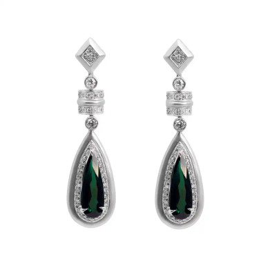 Cercei Aur Alb 18k, Turmalina Verde 2.35 ct, Diamante Naturale 0.58 ct