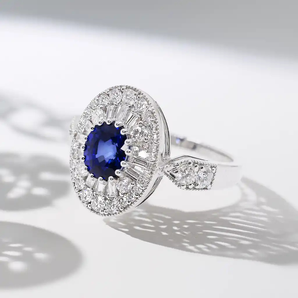 Inel Aur Alb 18k, Safir 1.49 ct, Diamante 0.95 ct